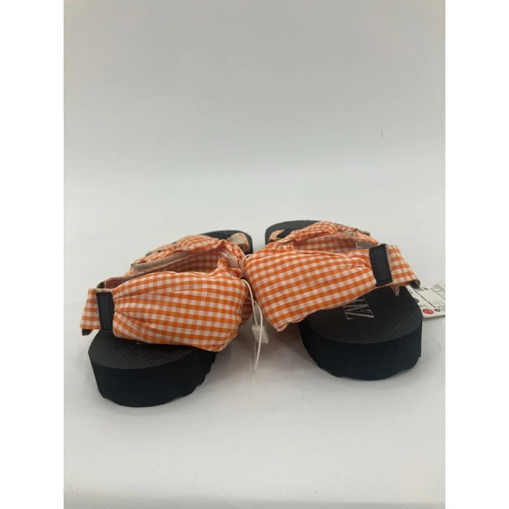 Zara‎ Sandals Girls US 3.5 Orange Checkered Gingham Open Toe Platform Strappy